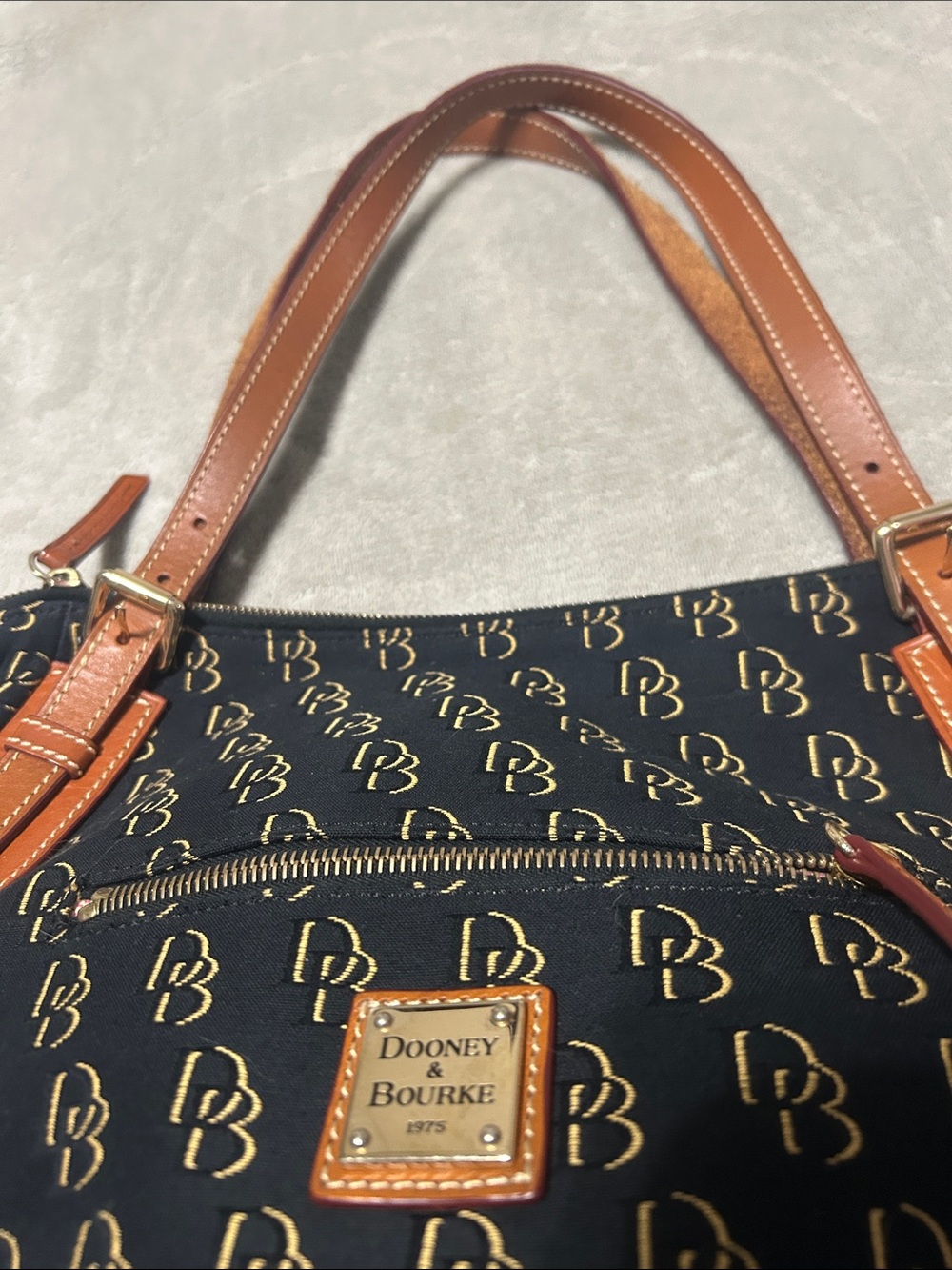 Dooney & Bourke Navy Logo Satchel with Tan Leather Trim - Picture 9 of 12